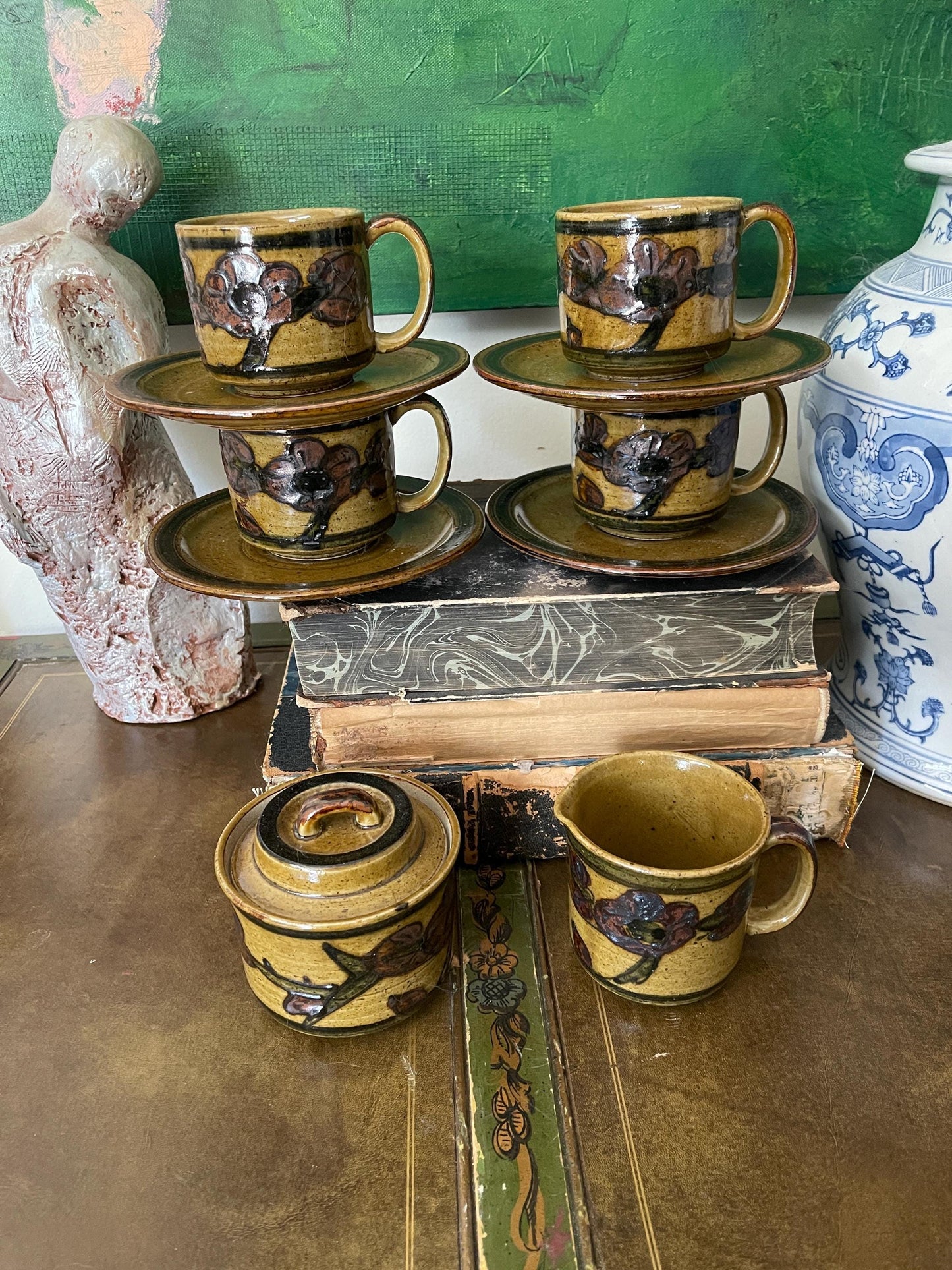 Set of Vintage Otagiri Stoneware Tea Set with Creamer and Sugar Bowl - 10 pcs