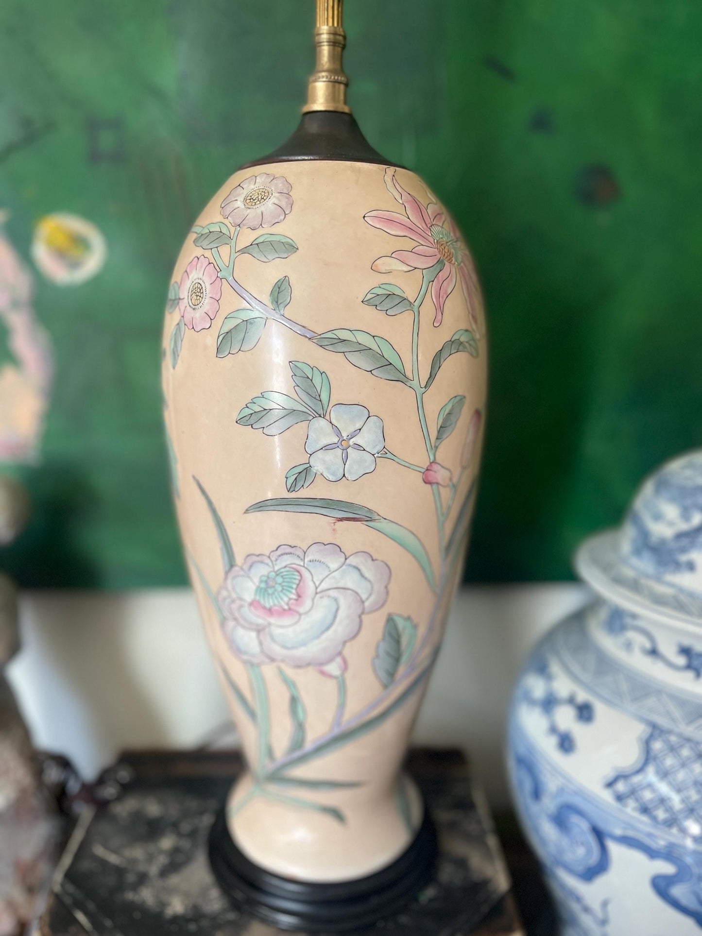 Vintage Peach Floral Chinoiserie Lamp