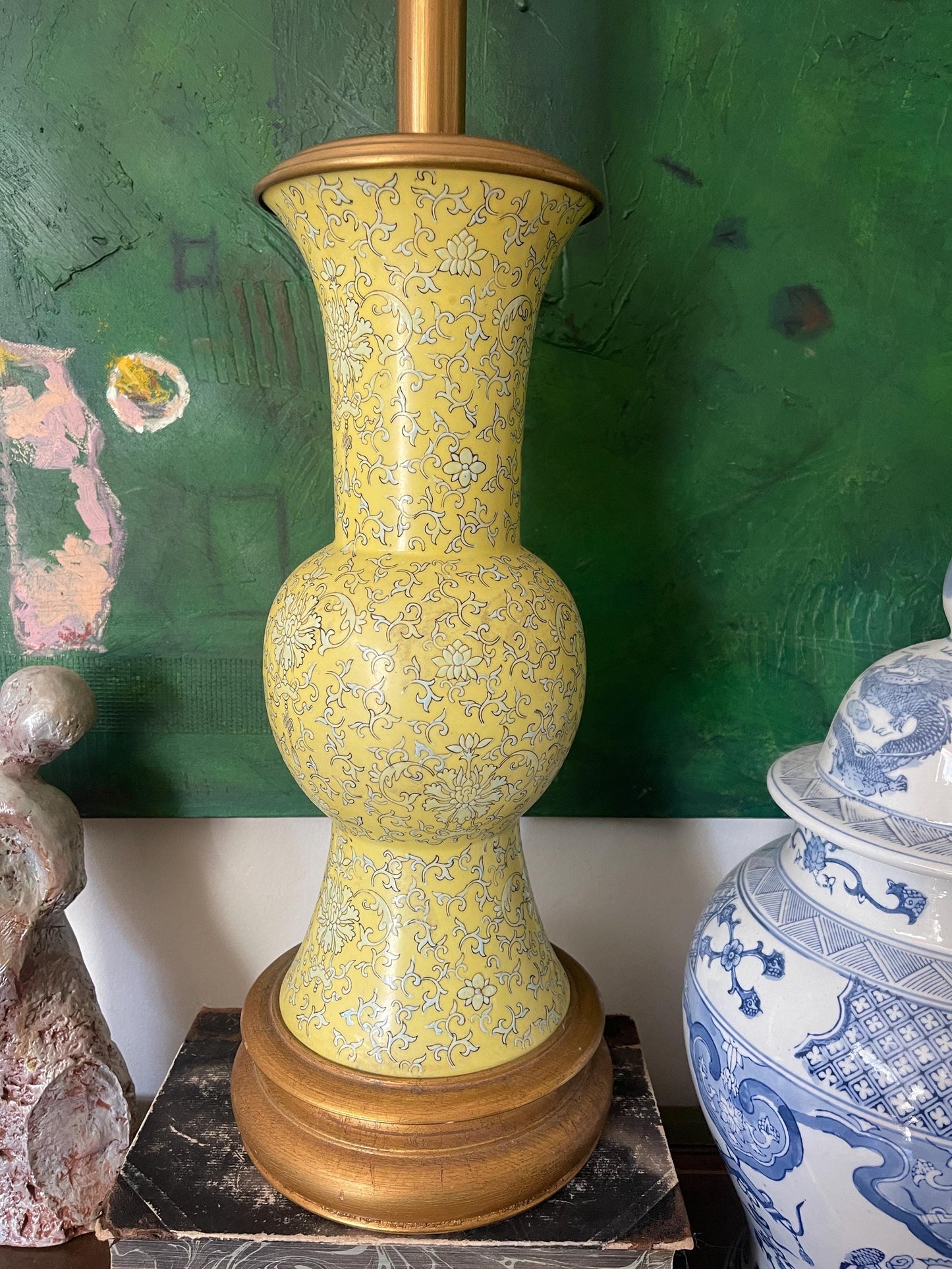 Vintage Yellow Chinoiserie Tall Table Lamp