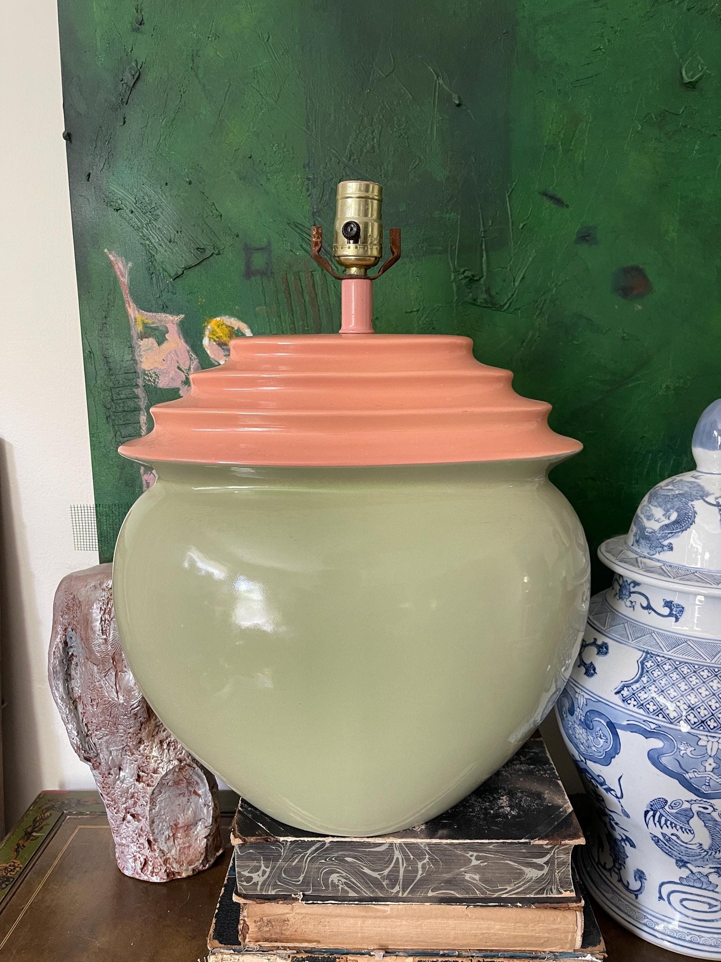 Early 20th Century Art Deco Pink and Green Akron Lamp