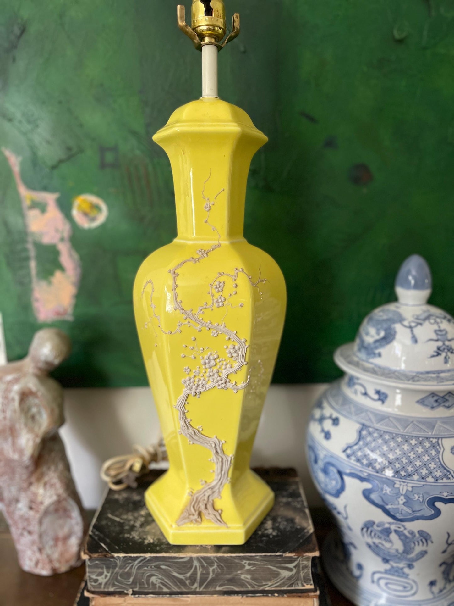 Vintage Yellow Chinoiserie Lamp with Cherry Blossom Branch Relief