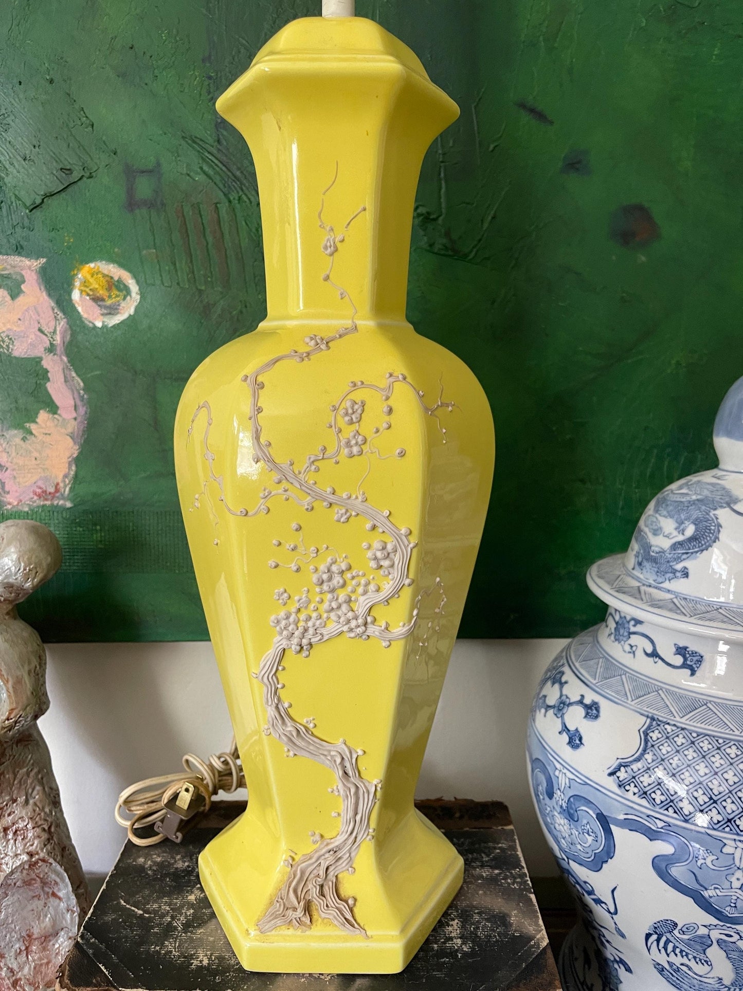 Vintage Yellow Chinoiserie Lamp with Cherry Blossom Branch Relief