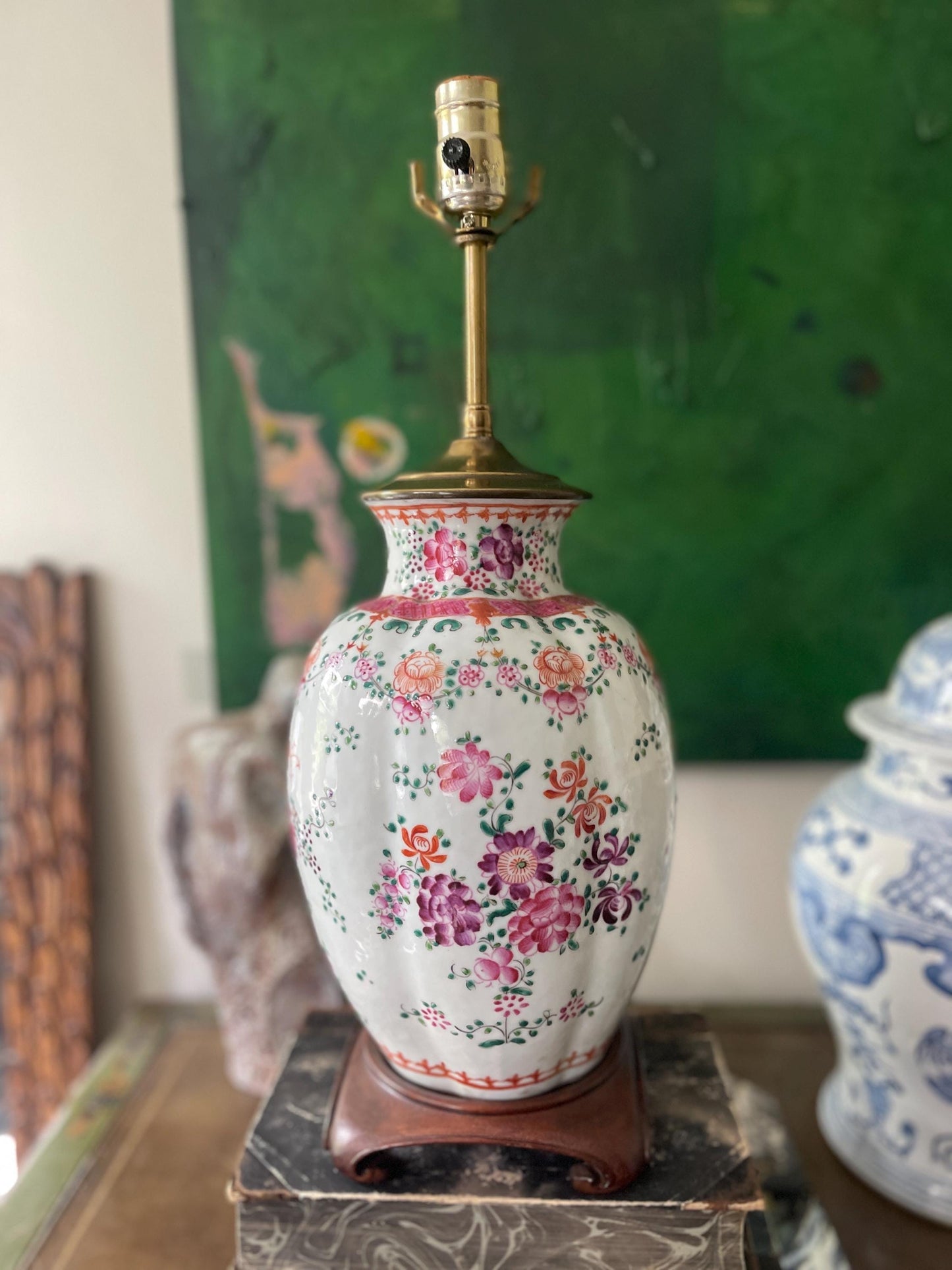 Vintage Asian Floral Lamp in Pink, Red and Purple