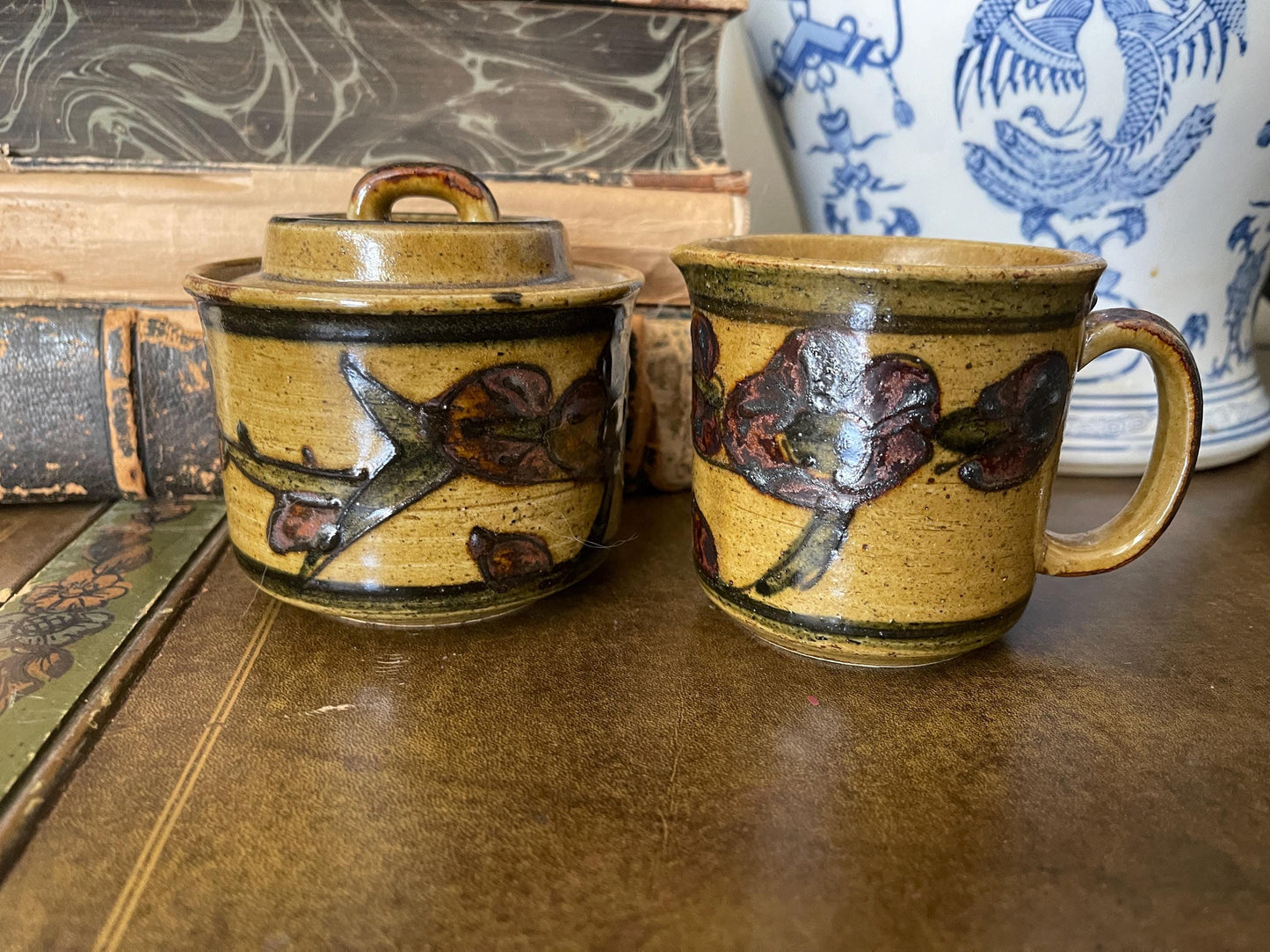 Set of Vintage Otagiri Stoneware Tea Set with Creamer and Sugar Bowl - 10 pcs