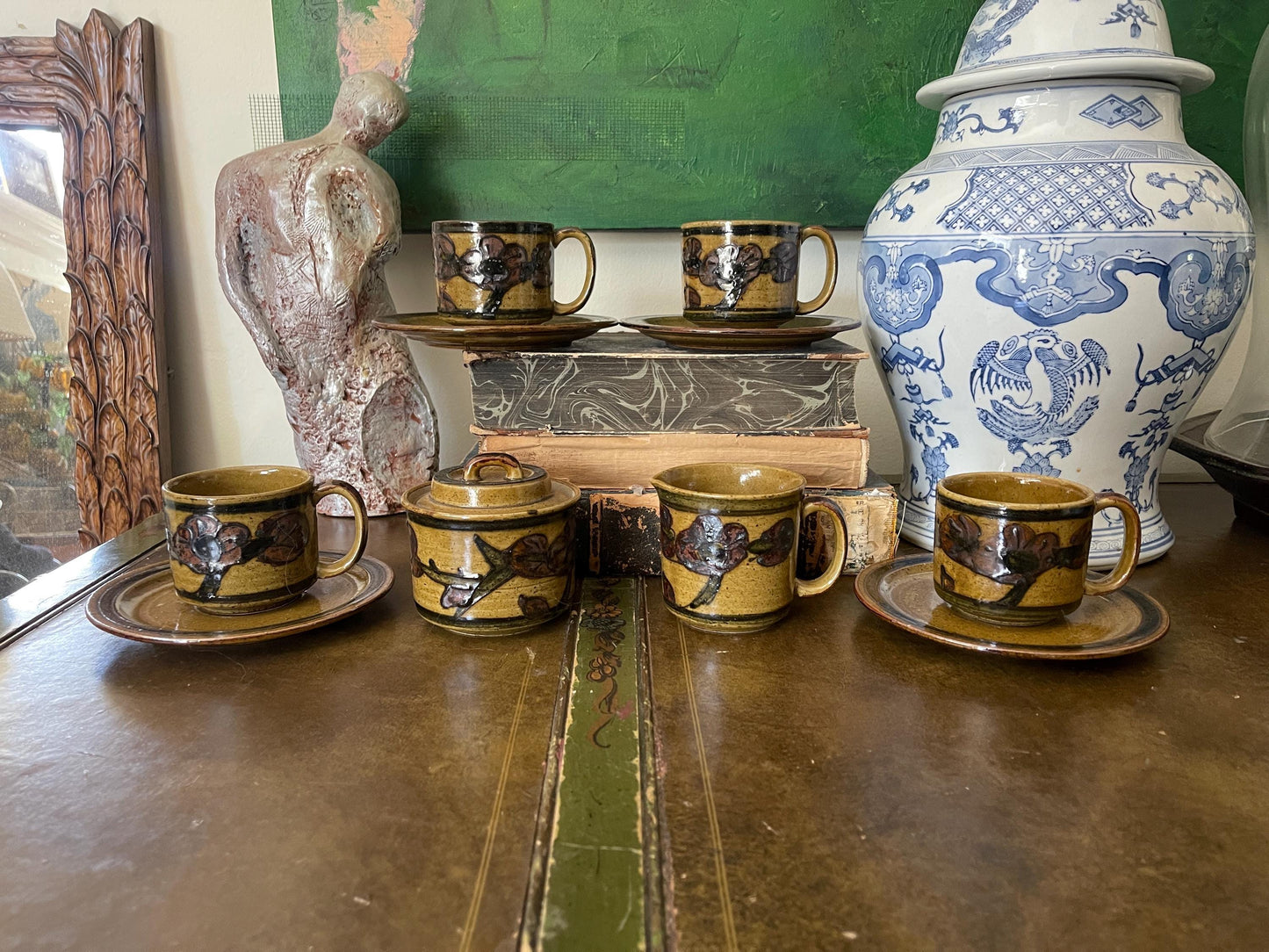 Set of Vintage Otagiri Stoneware Tea Set with Creamer and Sugar Bowl - 10 pcs