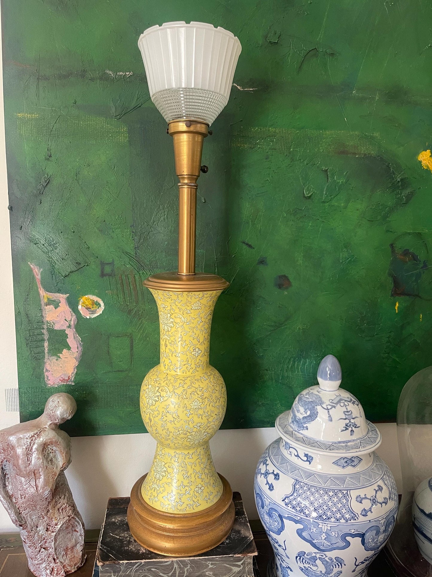 Vintage Yellow Chinoiserie Tall Table Lamp