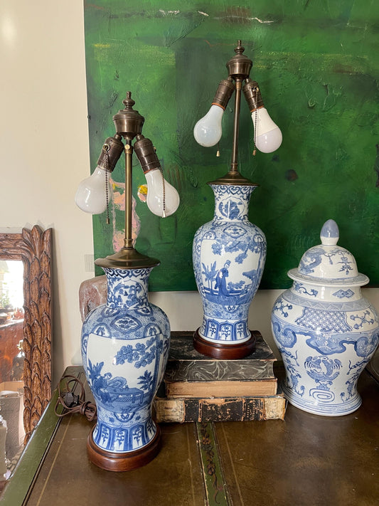 Pair of Blue and White Asian Lamps