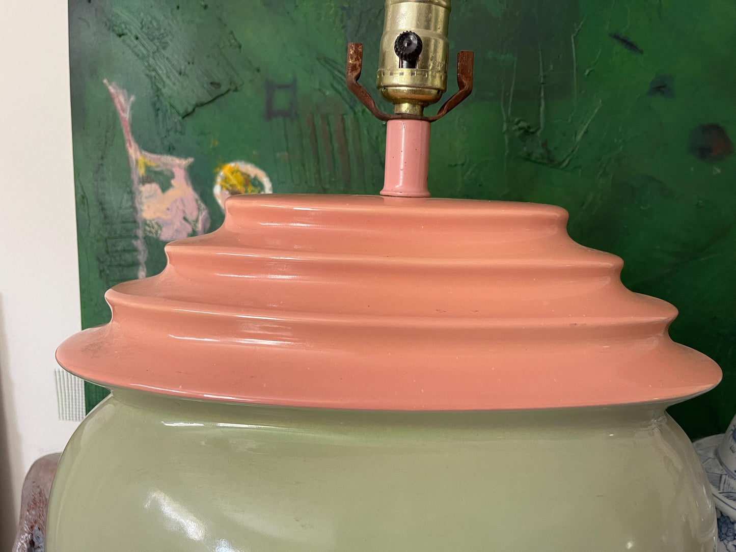 Early 20th Century Art Deco Pink and Green Akron Lamp