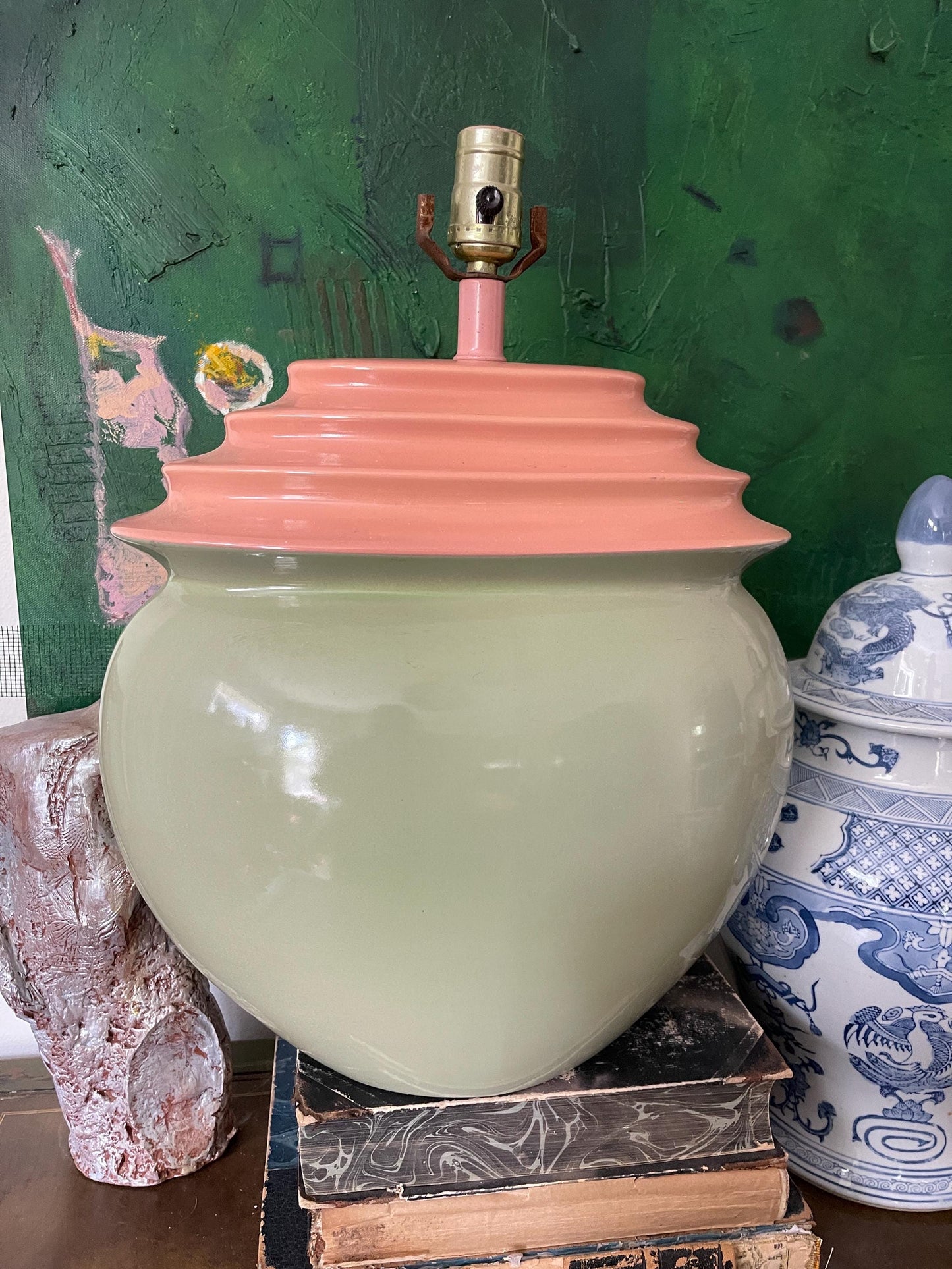 Early 20th Century Art Deco Pink and Green Akron Lamp