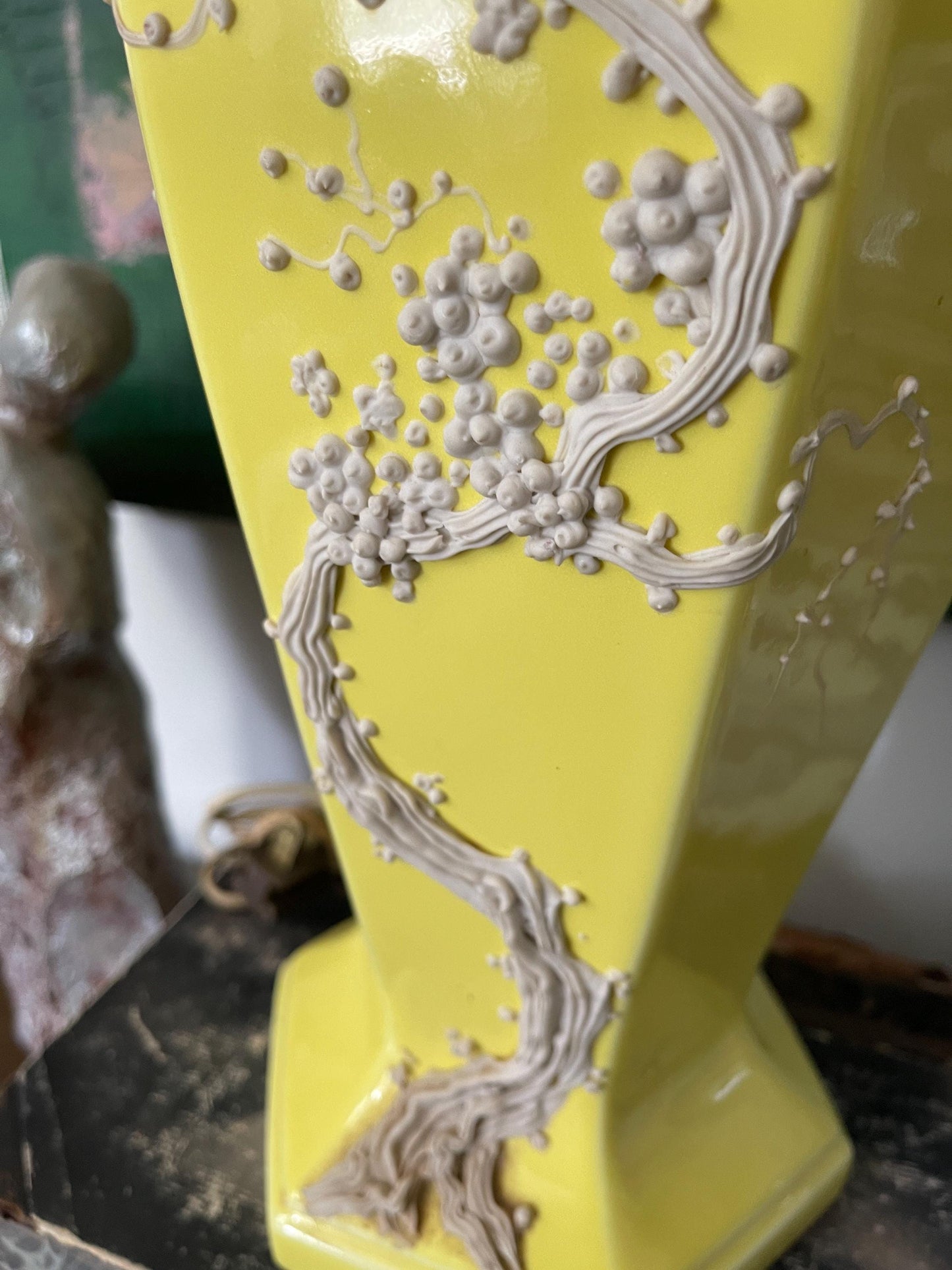 Vintage Yellow Chinoiserie Lamp with Cherry Blossom Branch Relief