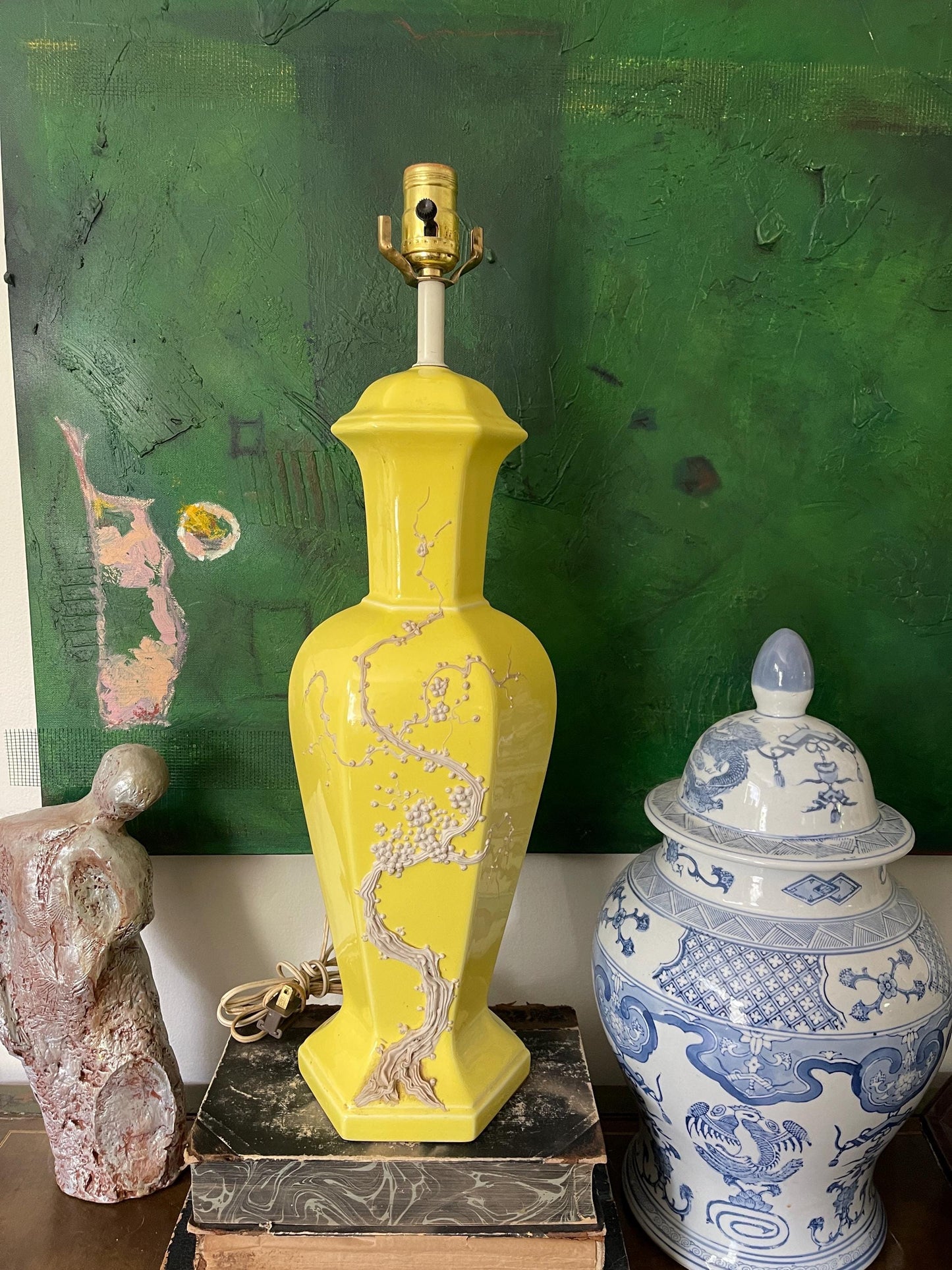 Vintage Yellow Chinoiserie Lamp with Cherry Blossom Branch Relief