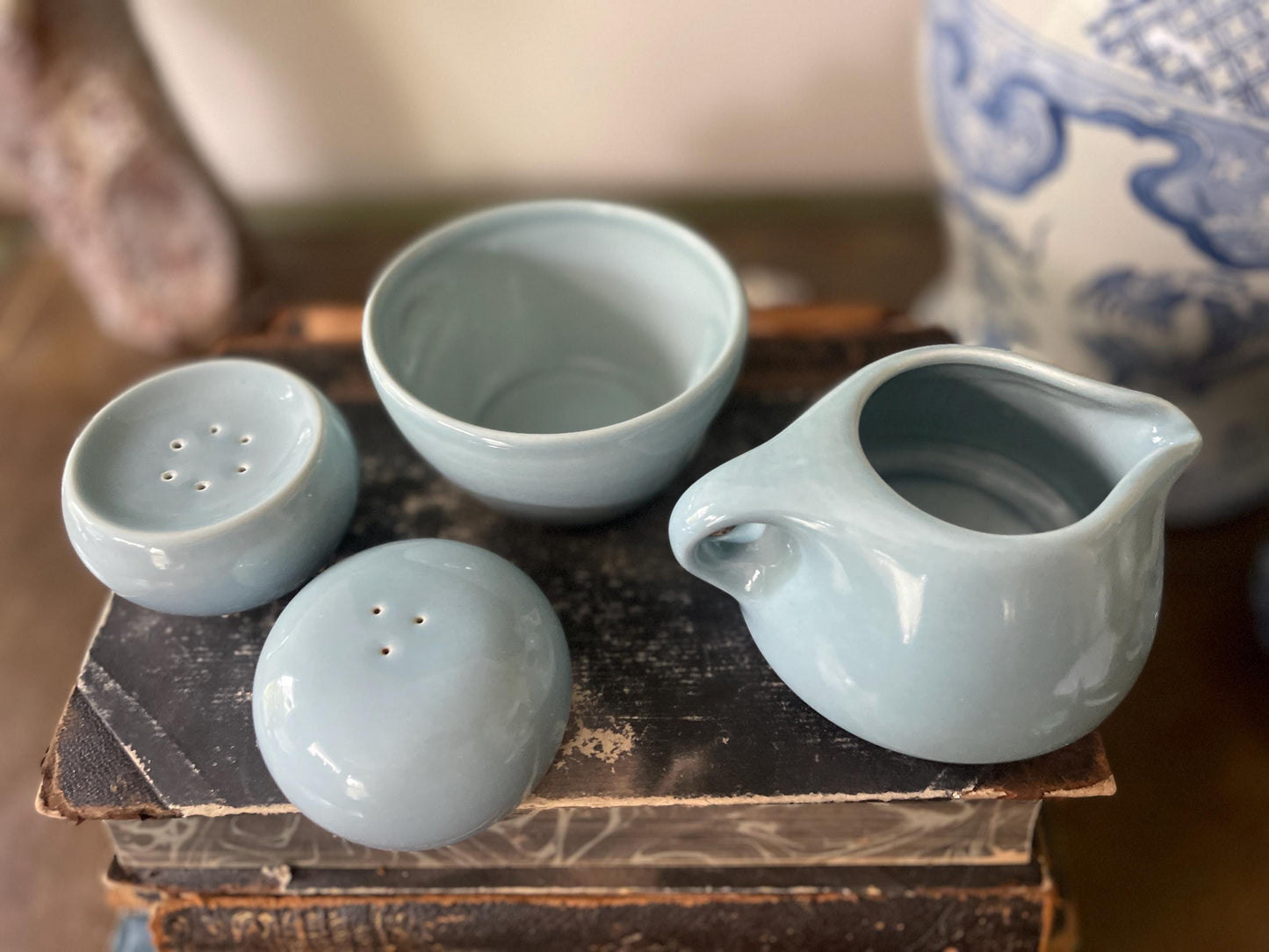 Sky Blue Iroquois MCM Creamer, Sugar Bowl and Salt Pepper Shakers - 4 piece set